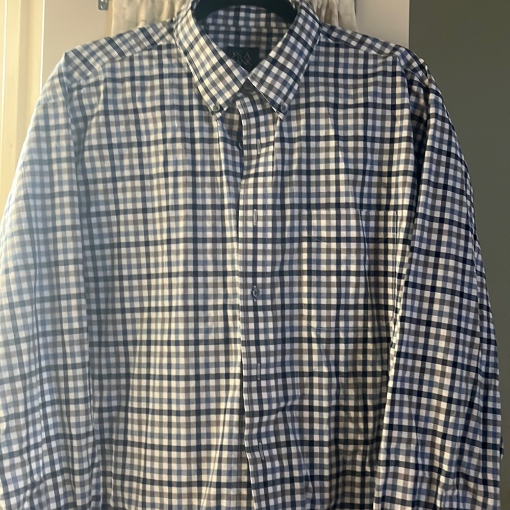 Brown, blue, navy and white plaid button down, excellent used condition.